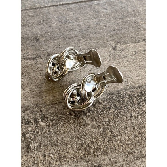 Vintage Clip Ons Earrings Silver Tone Abstract Design Geometric Art Deco - Picture 5 of 11